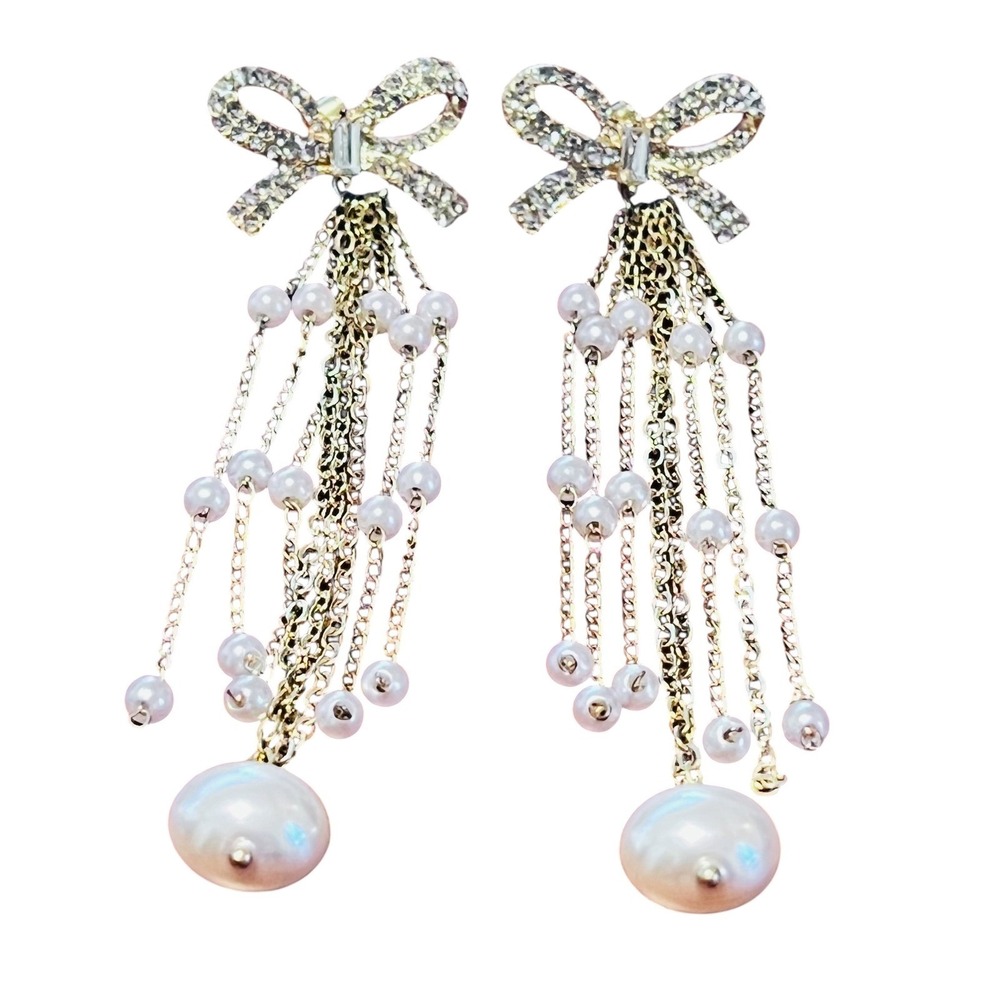 2-in-1‎ Rhinestone Bow Studs & Pearl Tassel Ear Jackets Coquette Aesthetic
